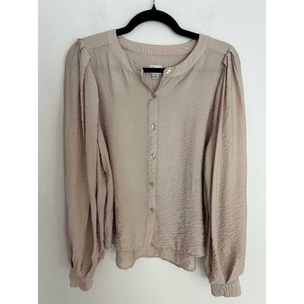 A New Day Womens‎ Beige Textured Crinkle Puff Sleeve Button Down Blouse Medium